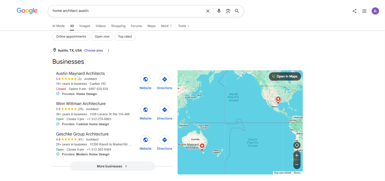 Google local pack for a 'home architect austin' search, showing three ranked architecture firms with reviews - an example of local SEO for architects